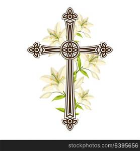 Silhouette of ornate cross with lilies. Happy Easter concept illustration or greeting card. Religious symbols of faith. Silhouette of ornate cross with lilies. Happy Easter concept illustration or greeting card. Religious symbols of faith.
