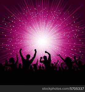 Silhouette of party crowd on a starburst background