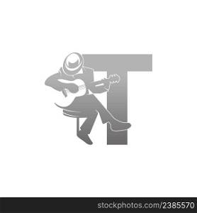 Silhouette of person playing guitar beside letter T illustration vector