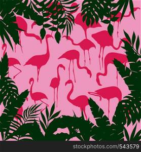 Silhouette of pink flamingos frame of tropical green leaves