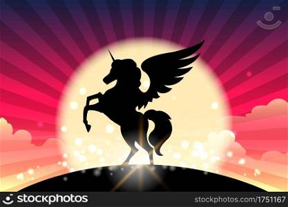 Silhouette of Prancing Unicorn with wings. Vector illustration.