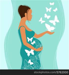 Silhouette of pregnant woman with flowers. Vector illustration.
