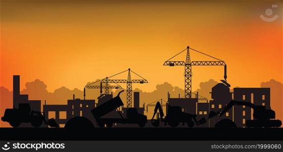 Silhouette of process of construction big building under construction. Building work process with construction machines. Vector illustration.
