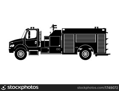 Silhouette of pumper fire truck. Side view of modern fire engine. Flat vector.