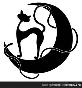 Silhouette of pussy and its tail interweave the moon, black vector hand drawing on white