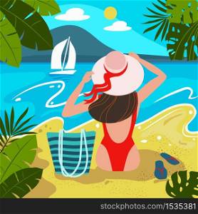 Silhouette of romantic girl in red swimsuit and hat sitting on the beach and looking at sea. Summer holiday or luxury vacation. Vector flat illustration.. Silhouette of romantic girl in red swimsuit and hat sitting on the beach and looking at sea. Summer holiday or luxury vacation. Vector