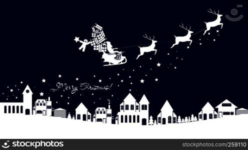 Silhouette of santa claus on sleigh full of gifts and his reindeers. Happy new year decoration. Merry christmas holiday. New year celebration. Vector illustration in flat style
