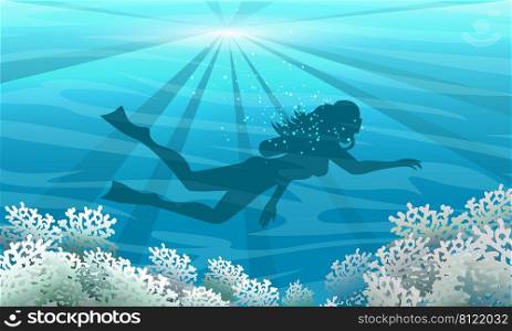 Silhouette of Scuba Diver Girl dives Underwater on a Coral Reef. Vector illustration.