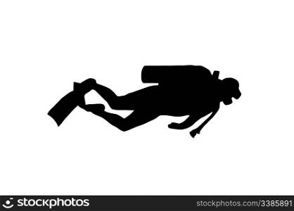 Silhouette of scuba diver swimming with gear