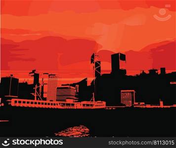 Silhouette of ship on city red background