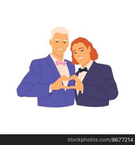 Silhouette of smiling gay couple making heart with their hands on wedding day. Happy same sex spouses celebrating marriage. LGBT rights. Homosexual couples. Hand drawn flat vector illustration.