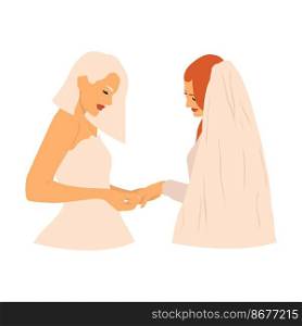 Silhouette of smiling lesbians couple wearing wedding rings on wedding day. Happy same sex spouses celebrating marriage. LGBT rights. Homosexual couples. Hand drawn flat vector illustration.