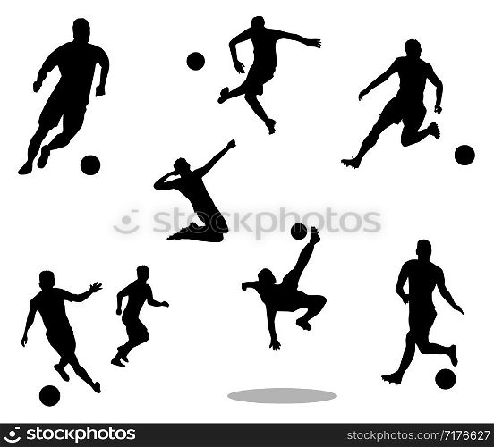 Silhouette of soccer players. Running and jumping.