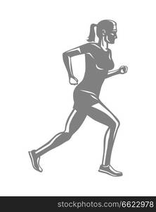 Silhouette of sportive running woman on white. Logo design vector illustration of fast female person in speed motion. Colourless icon of movement for sport lifestyle in cartoon style flat design. Silhouette of Sportive Running Woman on White