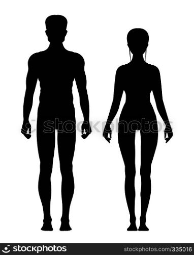 Silhouette of sporty male and female standing front view. Vector anatomy models girl and boy mannequin illustration. Silhouette of sporty male and female standing front view. Vector anatomy models