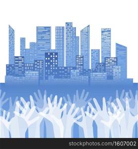Silhouette of stretched up hands on city of skyscrapers background. Democratic voting. Peoples choice. Voting for everyone. Vector element for cards, templates, banners and your creativity.. Silhouette of stretched up hands on city of skyscrapers background. Democratic voting. Peoples choice. Voting for everyone. Vector element
