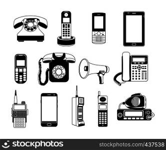 Silhouette of telephones and smartphones. Vector monochrome pictures. Illustration of phone and smartphone, equipment communication device. Silhouette of telephones and smartphones. Vector monochrome pictures