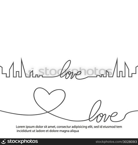 Silhouette of the city and heart and love in continuous drawing lines in a flat style. Modern urban landscape. Vector illustrations. City skyscrapers building office horizon.Continuous line drawing. Silhouette of the city and heart and love in continuous drawing lines in a flat style. Modern urban landscape. Vector illustrations. City skyscrapers building office horizon.Continuous line drawing.