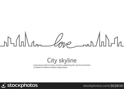 Silhouette of the city and heart and love in continuous drawing lines in a flat style. Modern urban landscape. Vector illustrations. City skyscrapers building office horizon.Continuous line drawing. Silhouette of the city and heart and love in continuous drawing lines in a flat style. Modern urban landscape. Vector illustrations. City skyscrapers building office horizon.Continuous line drawing.
