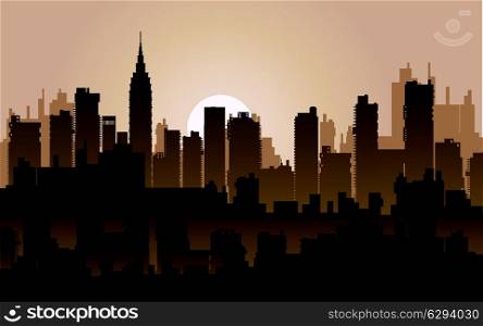 Silhouette of the city at night against the setting sun