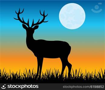 Silhouette of the deer on glade. The Silhouette of the wild deer with horn on glade.Vector illustration