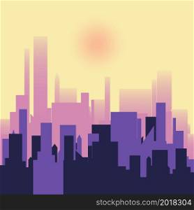Silhouette of the evening city in the setting sun. Purple yellow color. Urban landscape in a flat style. Silhouette of city buildings vector background. Architecture of a modern city. Vector.. Silhouette of the evening city in the setting sun.
