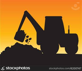Silhouette of the excavator digging ground.Vector illustration. Silhouette of the excavator digging ground