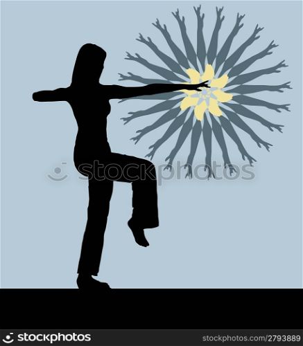 Silhouette of the girl engaged gymnastics on a blue background