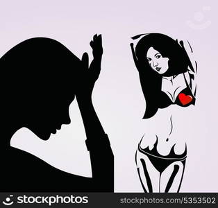 Silhouette of the girl with red heart. A vector illustration