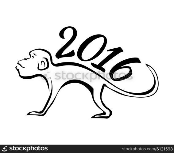 Silhouette of the monkey and 2016 isolated on white background. Design of the calendar. Vector illustration.