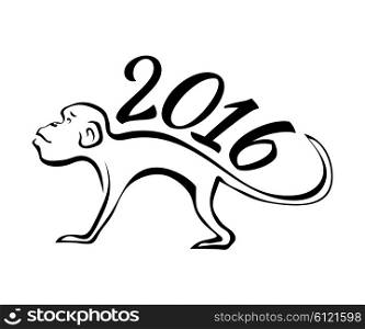 Silhouette of the monkey and 2016 isolated on white background. Design of the calendar. Vector illustration.