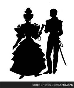 silhouette of the officer with lady on white background