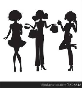 silhouette of three cute fashion girls isolated on white background