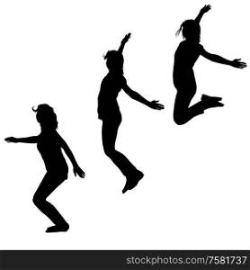 Silhouette of three young girls jumping with hands up, motion.. Silhouette of three young girls jumping with hands up, motion