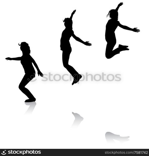 Silhouette of three young girls jumping with hands up, motion.. Silhouette of three young girls jumping with hands up, motion