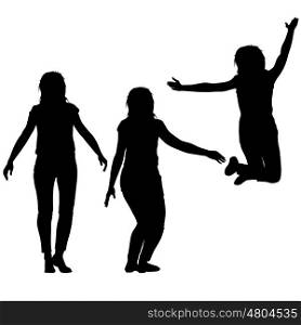 Silhouette of three young girls jumping with hands up, motion. Vector illustration.