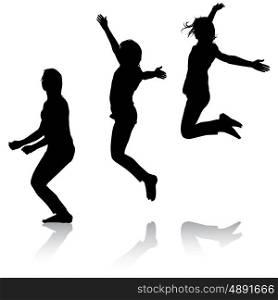 Silhouette of three young girls jumping with hands up, motion. Vector illustration.
