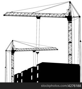 Silhouette of two cranes working on the building