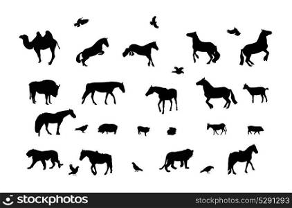 Silhouette of Wild and Domestic Animals, Bird. Black and White. Vector Illustration.. Silhouette of Wild and Domestic Animals, Bird. Black-White.