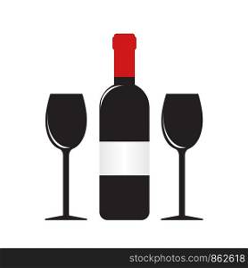 silhouette of wine bottle with label and two glasses on white, stock vector illustration
