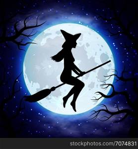 Silhouette of witch flying on the broom in Halloween night. Halloween witch on broom. Vector illustration. Silhouette of witch flying on the broom in Halloween night
