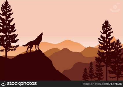 silhouette of wolf and pine tree at Flat mountains landscape hills