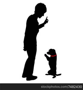 Silhouette of woman and Dog sitting on its hind legs on a white background.. Silhouette of woman and Dog sitting on its hind legs on a white background