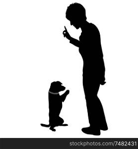 Silhouette of woman and Dog sitting on its hind legs on a white background.. Silhouette of woman and Dog sitting on its hind legs on a white background