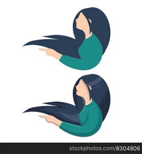 Silhouette of woman. Young girl with long hair. Beautiful head with hairstyle. Element of barbershop logo and avatar for social network. Flat cartoon illustration.. Silhouette of woman. Young girl with long hair.