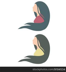 Silhouette of woman. Young girl with long hair. Beautiful head with hairstyle. Element of barbershop logo and avatar for social network. Flat cartoon illustration.. Silhouette of woman. Young girl