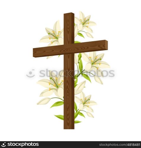 Silhouette of wooden cross with lilies. Happy Easter concept illustration or greeting card. Religious symbols of faith. Silhouette of wooden cross with lilies. Happy Easter concept illustration or greeting card. Religious symbols of faith.