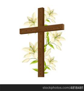 Silhouette of wooden cross with lilies. Happy Easter concept illustration or greeting card. Religious symbols of faith. Silhouette of wooden cross with lilies. Happy Easter concept illustration or greeting card. Religious symbols of faith.
