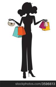 silhouette of young girls at shopping, vector illustration isolated on white background