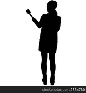 Silhouette operator removes journalist with microphone on a white background.. Silhouette operator removes journalist with microphone on a white background